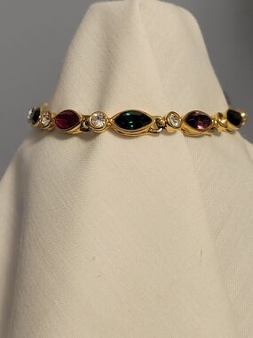Multi-Color Marquise Cut Glass Alternate Rhinestone Gold-Tone Tennis Bracelet